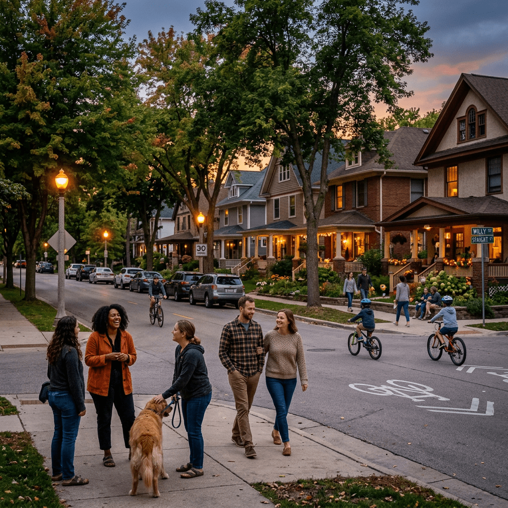 People walking dogs, chatting, and kids riding bikes on a suburban street at dusk