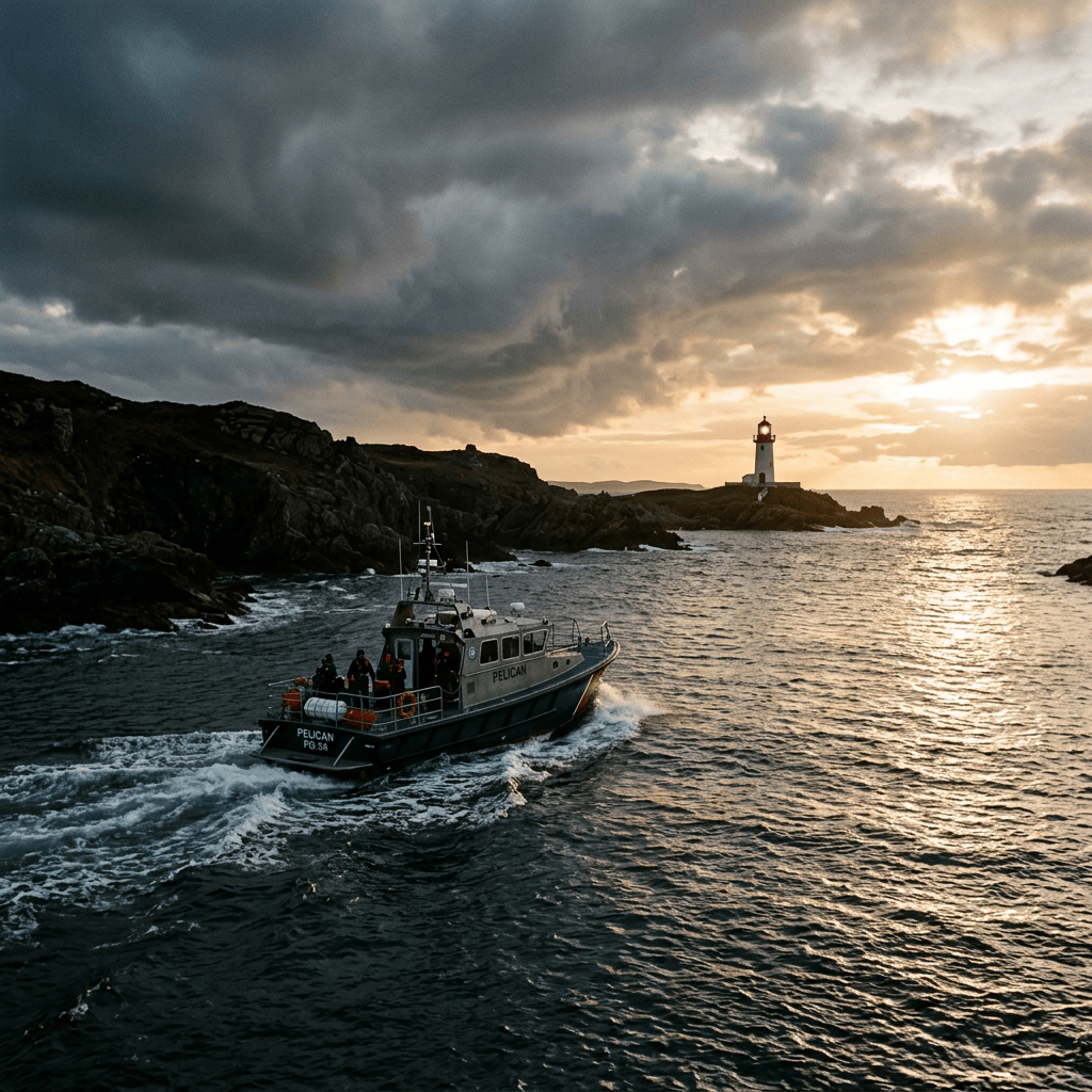 Patrol boat turning toward a sunlit channel